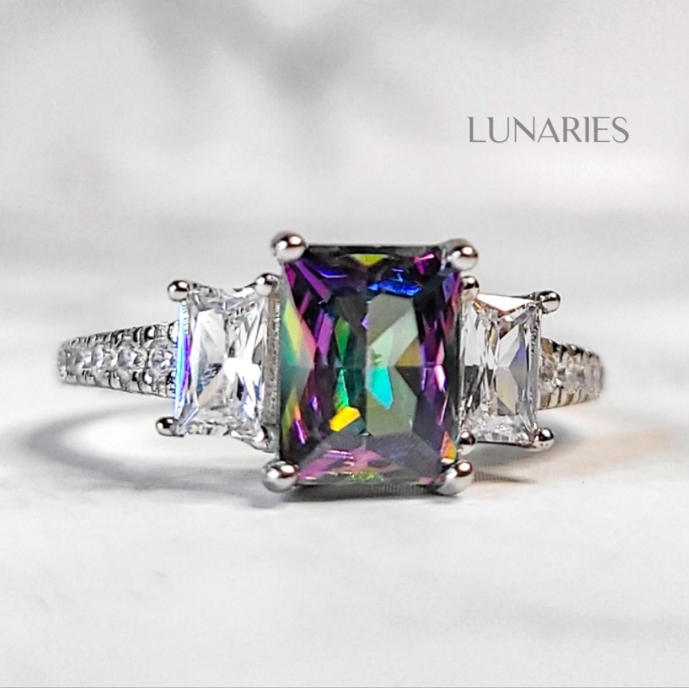Rainbow Mystic Topaz 925 Sterling Silver Ring: Emerald Cut, CZ Accents